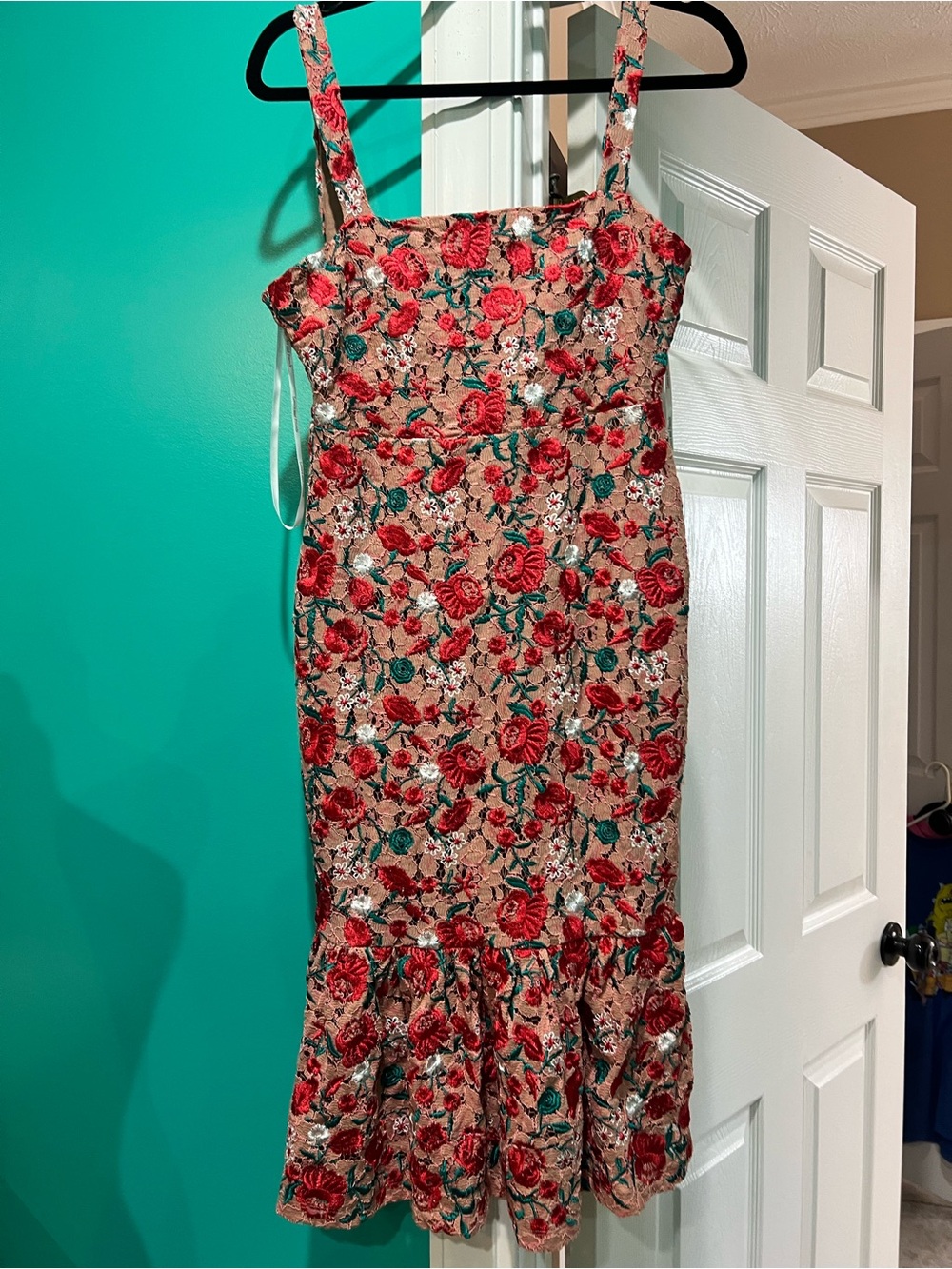Lovers + Friends Beige Midi Dress with Red Rose Embroidery